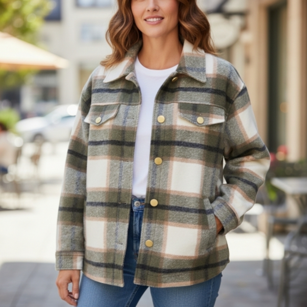 Jolie XL Winter Flannel Green And Cream Button Down Coat Blazer Sweater